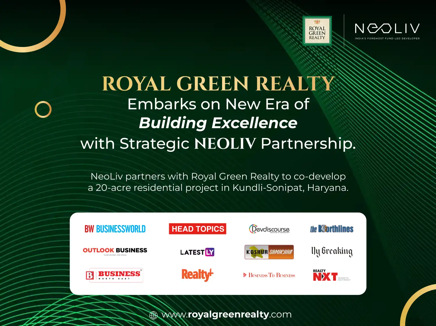 NeoLiv partners with Royal Green Realty to co-develop a 20-acre residential project in Kundli-Sonipat, Haryana