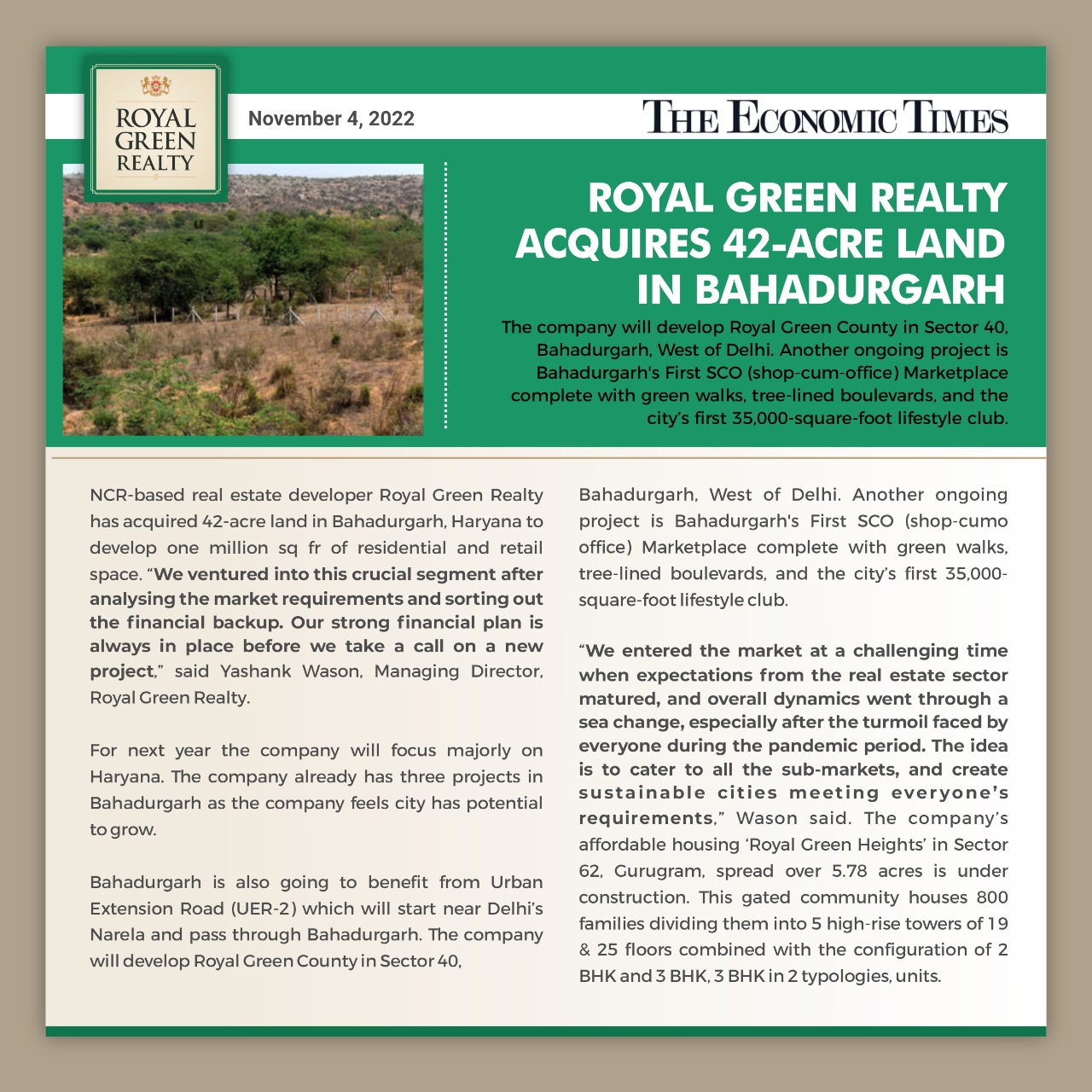 Royal Green Realty Acquires 42-Acre Land in BahadurGarh