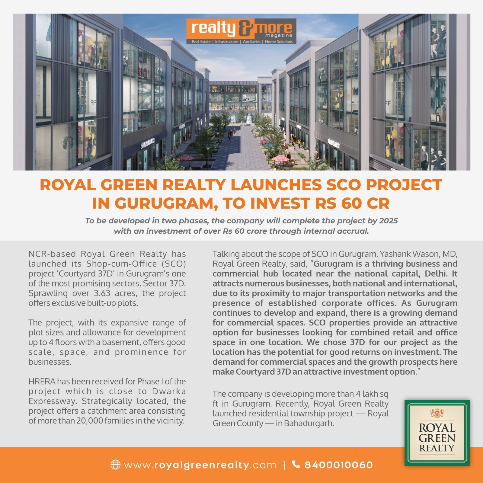 NEWSRoyal Green Realty launches SCO project, Courtyard 37D, in Gurugram, to invest Rs 60 cr 