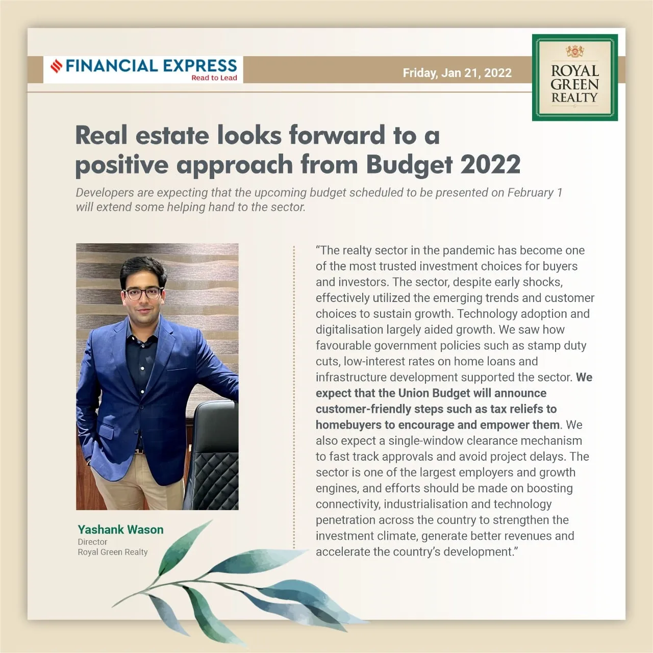 Real Estate looks forward to a positive approach from Budget 2022